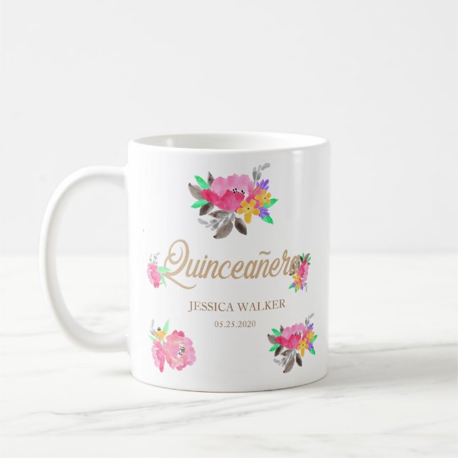 Caneca De Café Quinceanera Floral Dourada, rosa quente (Esquerda)