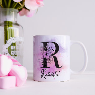 Caneca De Café R Floral Preto Monograma Letra Rosa Roxo