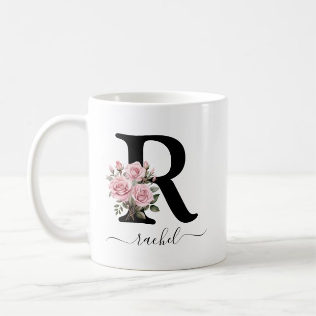 Caneca De Café R Monograma Floral Flor Rosa Rosado Mug (Esquerda)