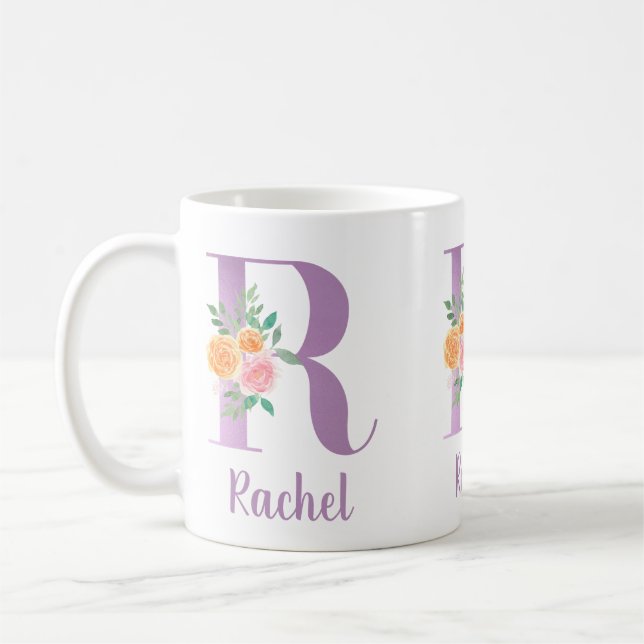 Caneca De Café R Monograma Floral Roxo Aquarela Personalizada (Esquerda)