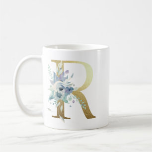 Caneca De Café R, ouro inicial com folhagem floral azul