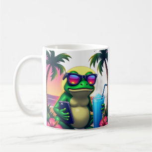 Caneca De Café Rã Mal-Humorada Y2K Vaporwave Retro Tropical Pôr d