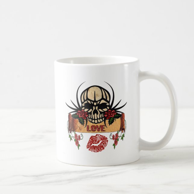 Caneca De Café RAB Rosas de crânio Rockabilly Love Lipstick (Direita)