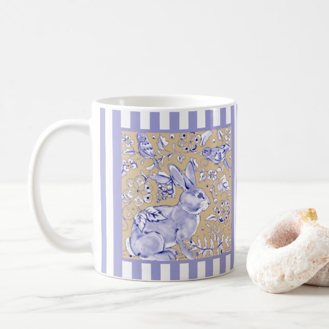Caneca De Café Rabbit Pássaro Azul Stripes Brancas Tan Foliage (Com Donut)