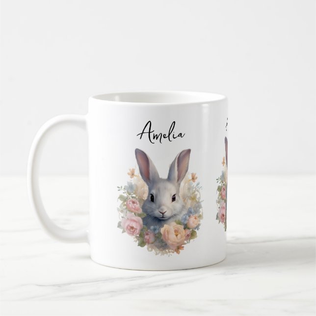 Caneca De Café Rabbit Surrounded by Pastel Flowers Cute (Esquerda)