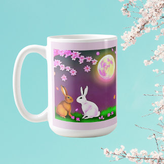 Caneca De Café Rabbits Sakura sob árvores cerejeiras e lua rosa