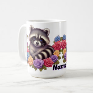 Caneca De Café Raccoon cercado por Rosas Coloridos Vibrantes