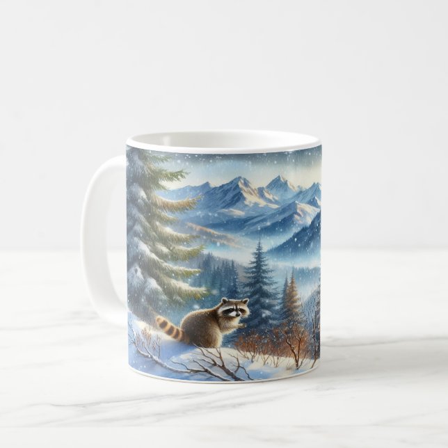 Caneca De Café Raccoon em uma Floresta de Montanha Snowy (Frente Esquerda)