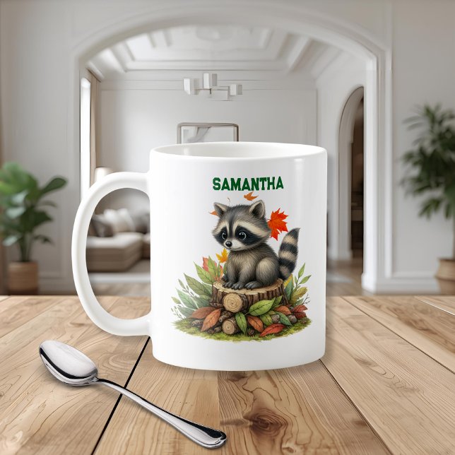 Caneca De Café Raccoon Mug | Cute Raccoon with Autumn Leaves Mug (Criador carregado)