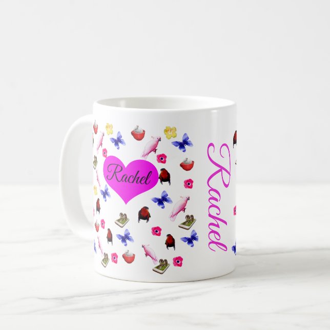 Caneca De Café Rachel, Name, Com Bunnies, Parrots Patterno, (Frente Esquerda)
