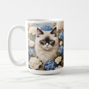 Caneca De Café Ragdoll Cat Com Flores De Hydrangea Azuis