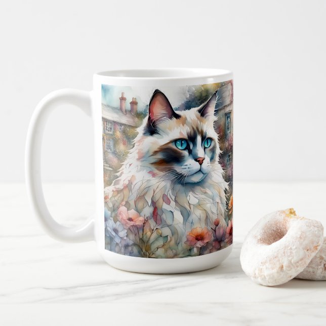 Caneca De Café Ragdoll Cat no jardim inglês (Com Donut)