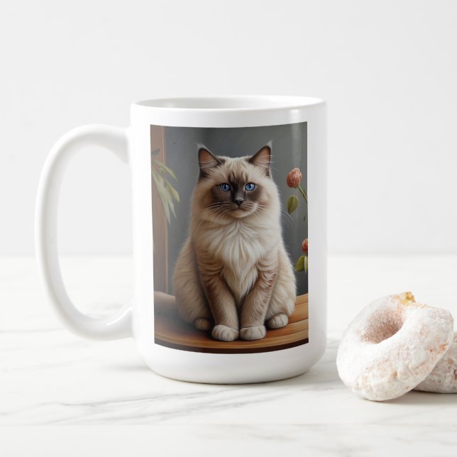 Caneca De Café Ragdoll Gato Retrato Fluffy Blue Eyed (Com Donut)