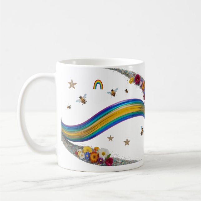Caneca De Café Rainbow Bee Floral Glitter Sparkle Classic Mug (Esquerda)