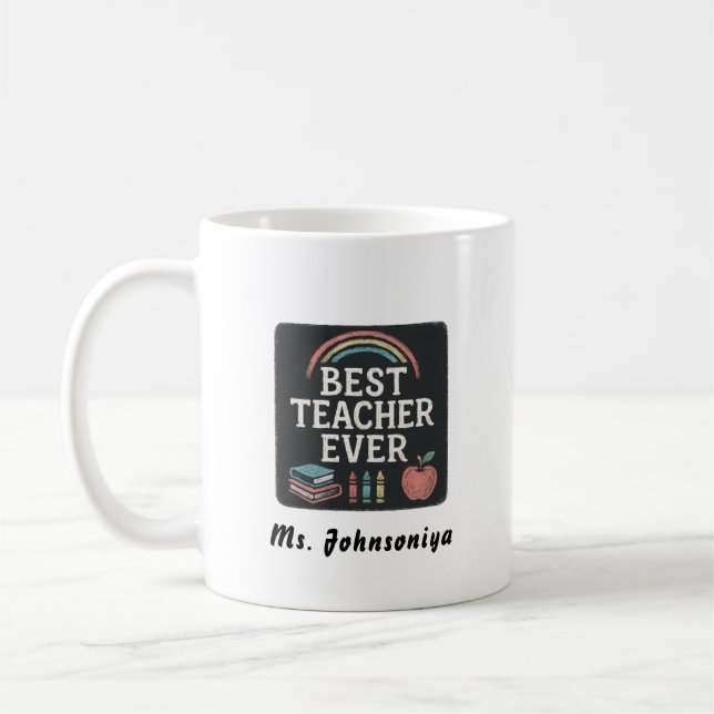 Caneca De Café Rainbow Crayon Apple Black Badge Best Teacher Ever (Esquerda)