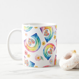 Caneca De Café Rainbow Floral Heart Mug - Bright Watercolor Gift