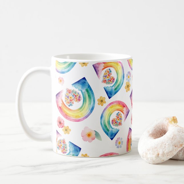 Caneca De Café Rainbow Floral Heart Mug - Bright Watercolor Gift (Com Donut)