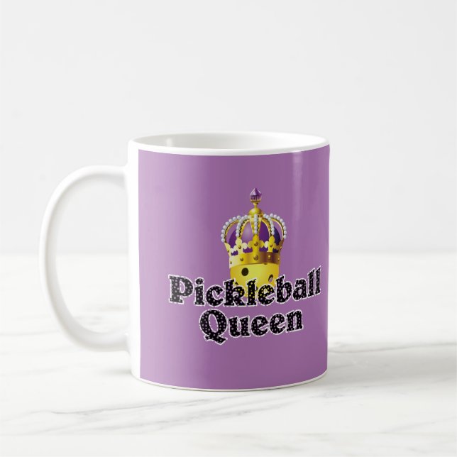 Caneca De Café Rainha de Pickleball, Bola Amarela Roxa, Coroa Dou (Esquerda)