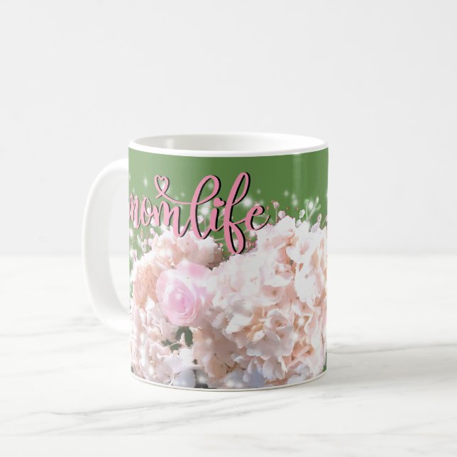 Caneca De Café Raios brancos românticos hydrangas rosa rosas #mom (Frente Esquerda)