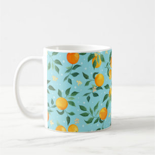 Caneca De Café Ramais de laranjas com flores em fundo azul