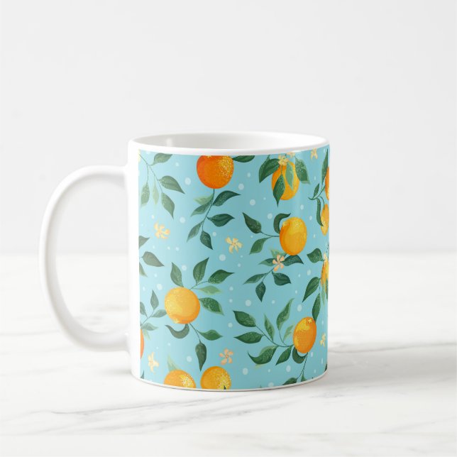 Caneca De Café Ramais de laranjas com flores em fundo azul (Esquerda)