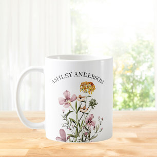 Caneca De Café Ramalhete de Flores Silvestres Roxas e Amarelas co