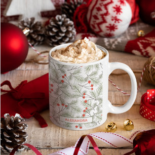 Caneca De Café Raminhos de Pinheiro e Frutas Natal Nome Personali