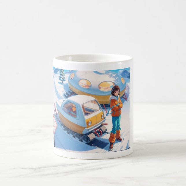Caneca De Café Rapariga com moto de neve retrô (Centro)