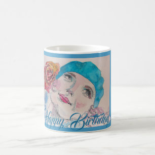 Caneca De Café Rapariga com Rosa vermelha de Beret Watercolor Mug