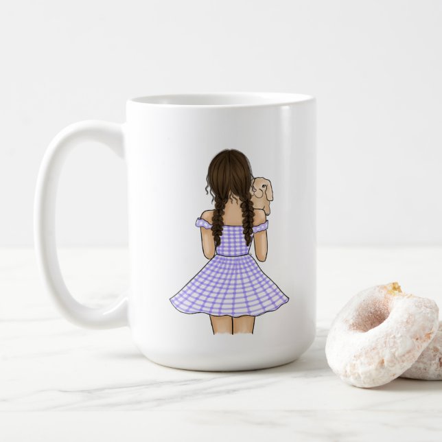 Caneca De Café Rapariga com Xadrez roxo Gingham e coelho (Com Donut)
