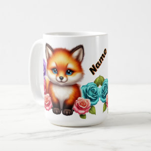 Caneca De Café Raposa Adorável com Rosas Coloridas na Floresta
