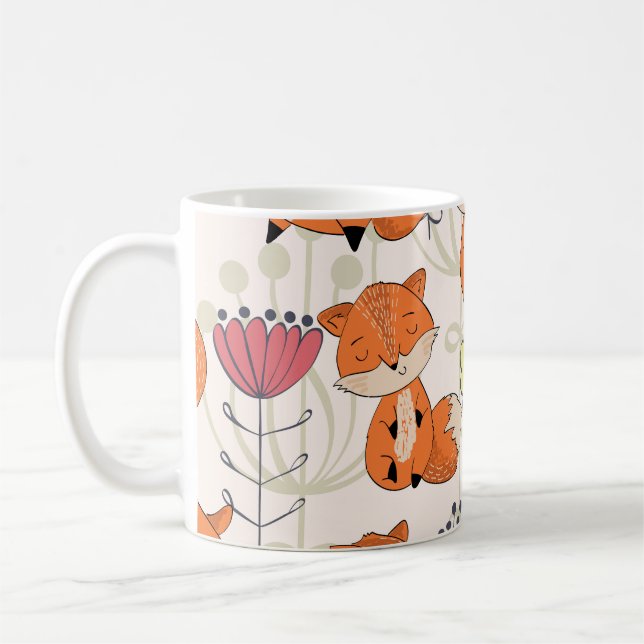 Caneca De Café Raposa de animação, flores: padrão desenhado manua (Esquerda)