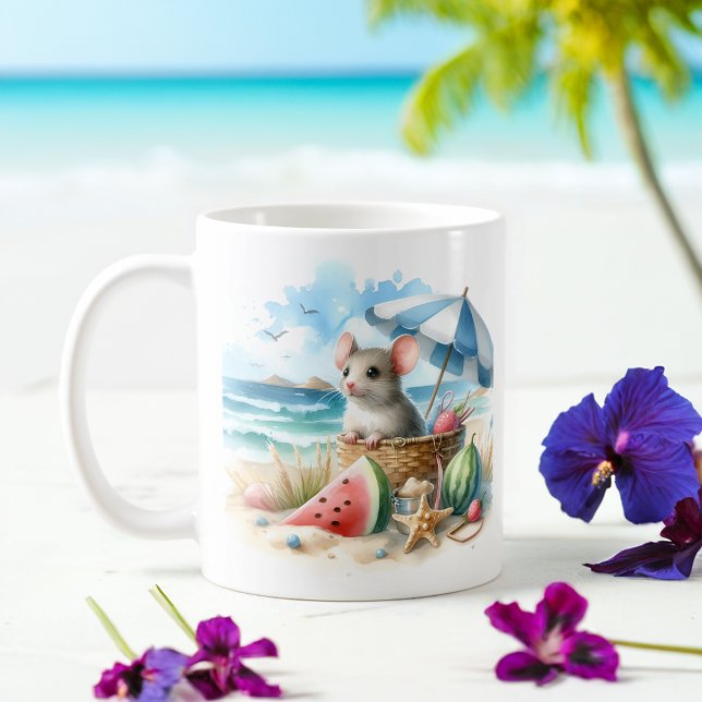 Caneca De Café Rato de Aquarela de Verão na praia (Criador carregado)