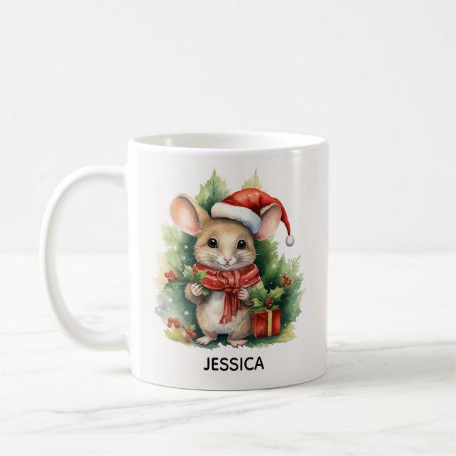 Caneca De Café Rato de Natal Fofo com Chapéu Vermelho de Papai No (Esquerda)