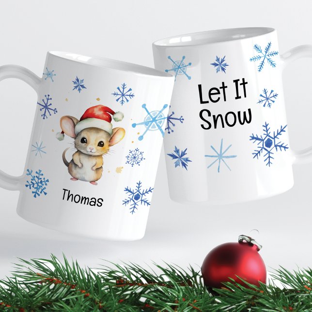 Caneca De Café Rato de Natal Que Neve Flocos Azuis De Neve (Criador carregado)