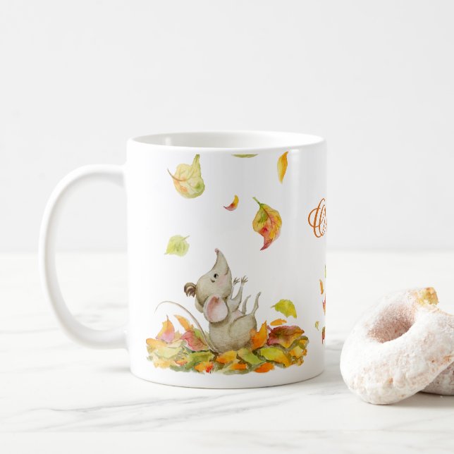 Caneca De Café Rato e laranja amarelos caindo folhas água (Com Donut)