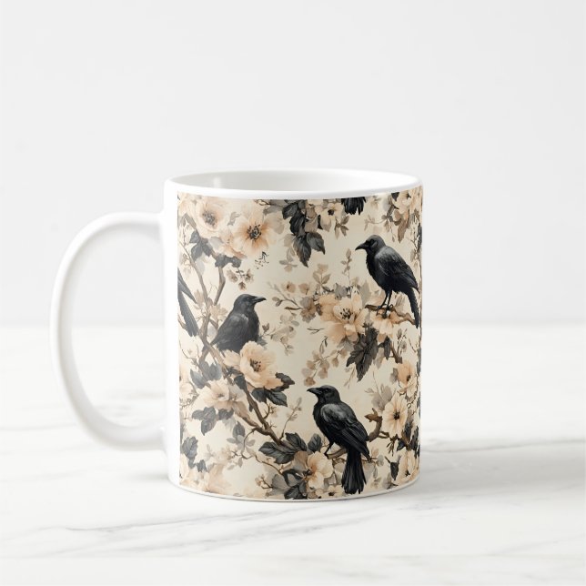 Caneca De Café Raven-padrão-corvo-florais Mug (Esquerda)