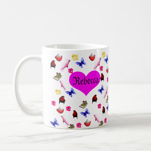 Caneca De Café Rebecca Name Com Bunnies E Borboletas, (Esquerda)