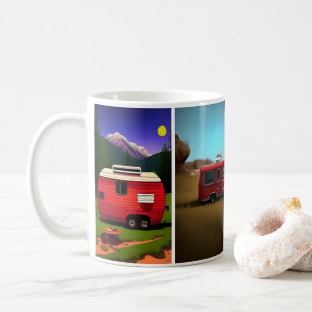 Caneca De Café Reboques de campismo com 4 reboques vermelhos agud (Com Donut)