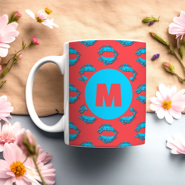 Caneca De Café Red and Blue XOXO Kissing Lips Personalized (Criador carregado)
