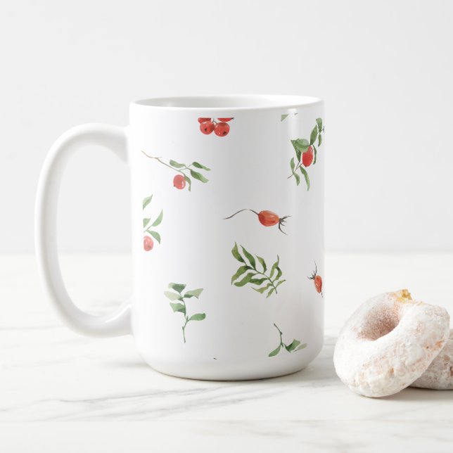 Caneca De Café Red And Green Winter Berries & Leaves Illustration (Com Donut)