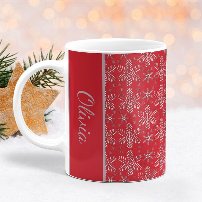 Caneca De Café Red and Silver Snowflakes Fumaça de Natal com Nome (Criador carregado)