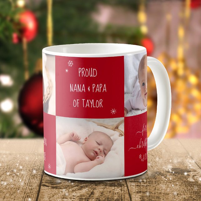 Caneca De Café Red Baby 4 Foto Primeiro Natal Nome dos Avós (Criador carregado)