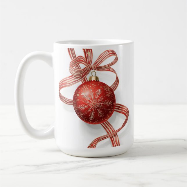 Caneca De Café Red Bauble Ornament Gold Snowflake Ribbon (Esquerda)