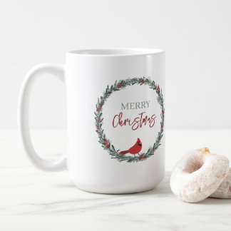 Caneca De Café Red Berries Wreath and Red Cardinal Christmas