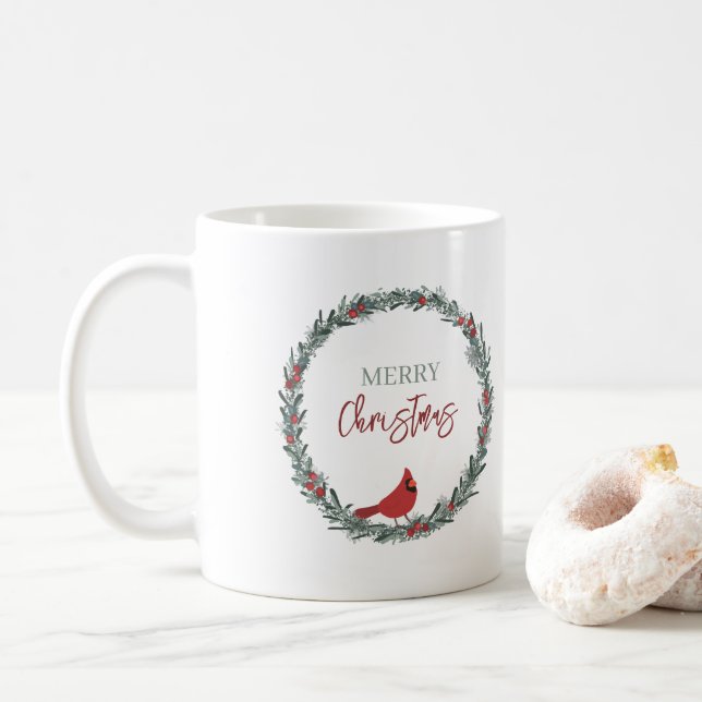 Caneca De Café Red Berries Wreath and Red Cardinal Christmas  (Com Donut)