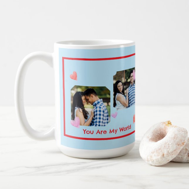 Caneca De Café Red Border PHOTO Blue Valentine's Day NAME (Com Donut)