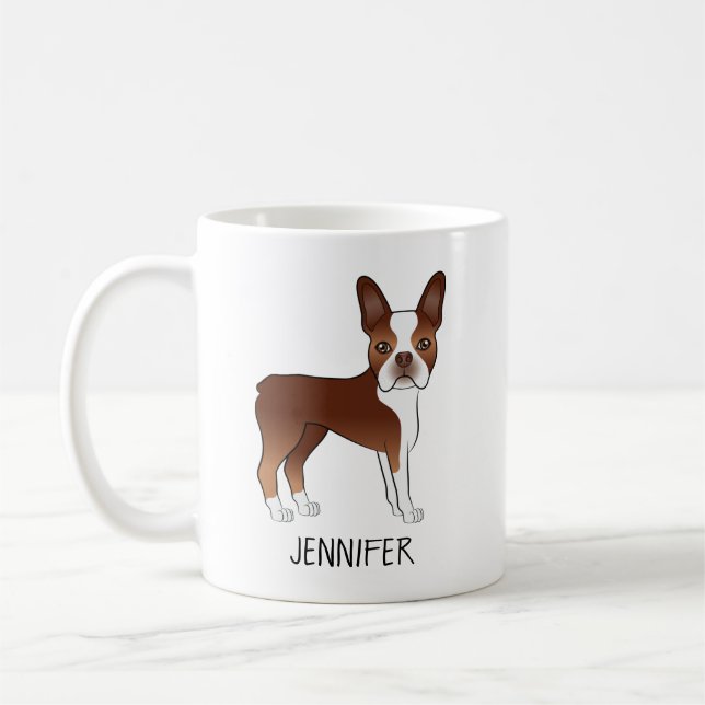 Caneca De Café Red Boston Terrier Cute Cartoon Dog & Custom Name (Esquerda)