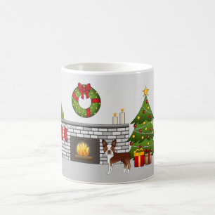 Caneca De Café Red Boston Terrier Em Uma Sala De Natal Festiva
