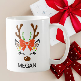 Caneca De Café Red Bow Holiday Antlers Reindeer Face